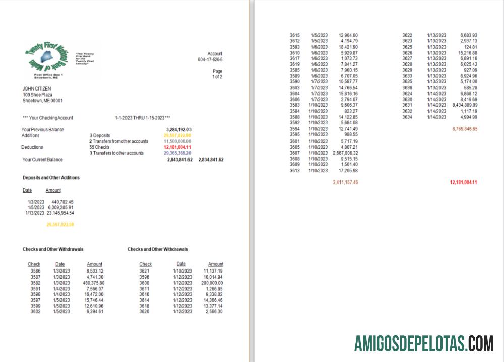 Modelo realista de extrato bancário do Twenty First National Bank Of Maine dos EUA, modelo Word e PDF, 2 páginas Scr